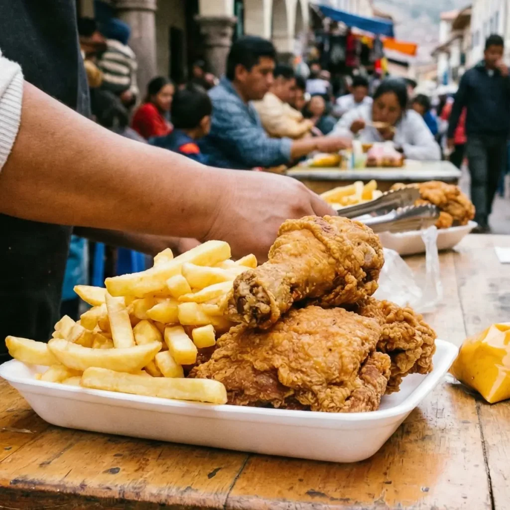 Comida Callejera Peruana Pollo broaster con papas