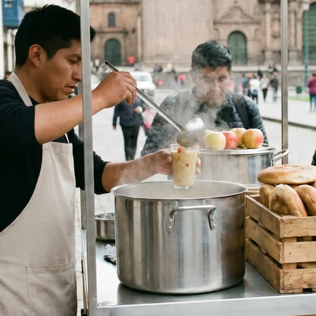 Comida Callejera Peruana Quinua caliente con panes